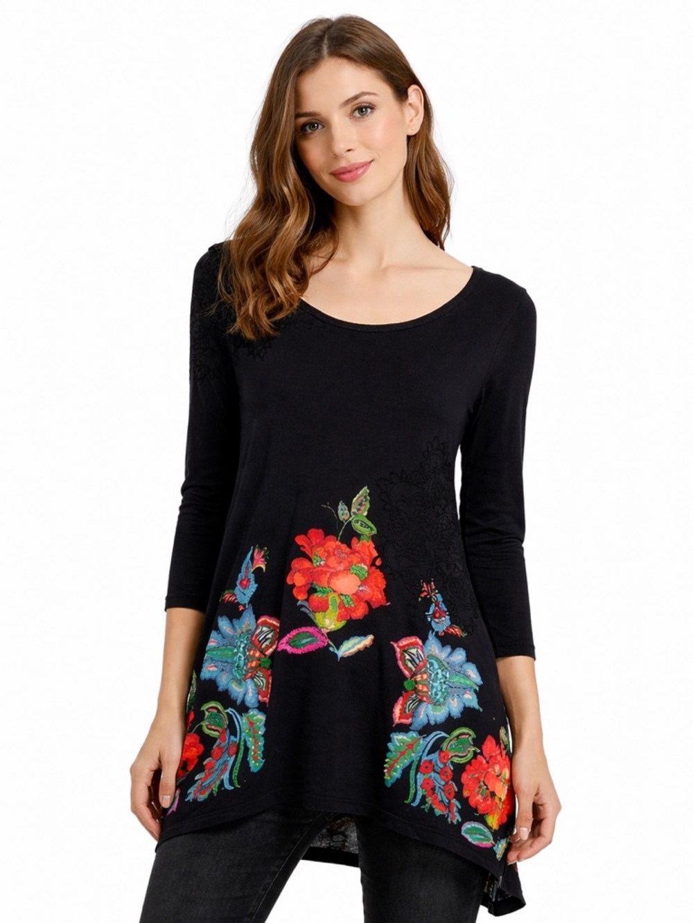 Desigual Ramona Floral Embroidered Handkerchief Tunic Top Black Art to Wear XS